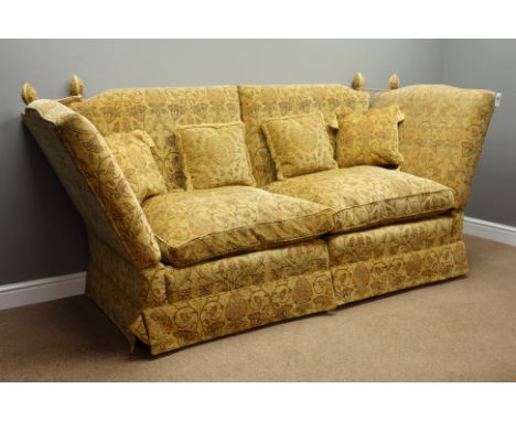 Large two seat grande knole drop arm sofa upholstered in pale gold patterned fabric, W226cm   Condition Report   Click here f