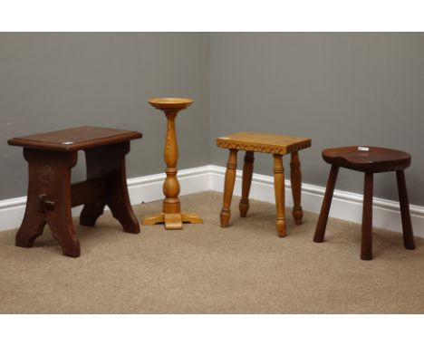 Craftsman made light oak carved stool, pine plant stand, mahogany stool and another stool with dished seat   Condition Report