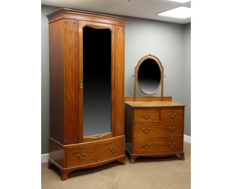 Edwardian bow front single wardrobe enclosed by bevelled mirror glazed door, single drawer to base (W100cm, H203cm, D55cm), a