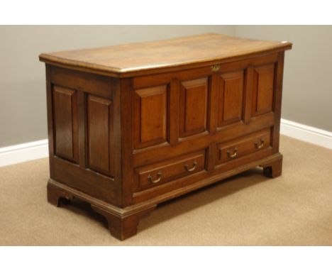 Early 19th century oak mule chest, fielded panelled, two false drawers, on bracket feet, W143cm, H88cm, D65cm   Condition Rep