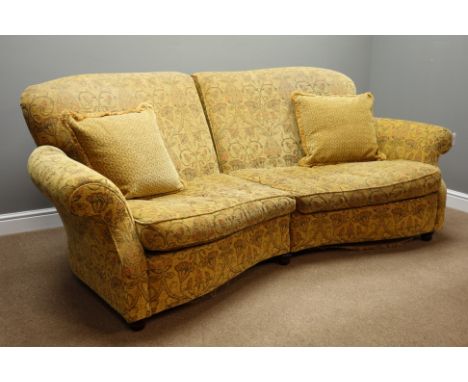 Grande curved sofa upholstered in pale gold patterned fabric with scatter cushions, W240cm   Condition Report   Click here fo