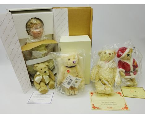 A collection of modern Steiff bears, 'Noel' Christmas bear with certificate, 'Diamond Jubilee' boxed with certificate, one fu