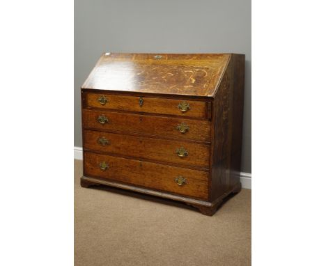 Mid 18th century oak fall front bureau, fitted interior with leather inset, four graduating drawers, bracket feet, W112cm, H1