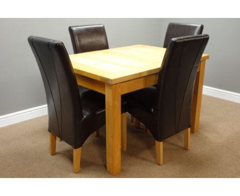 Rectangular light oak dining table with additional leaf (90cm x 120cm - 161cm), and set four high back dining chairs