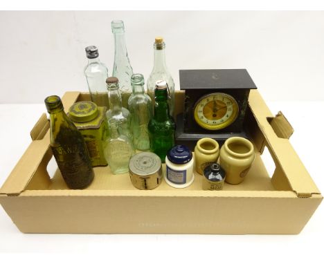 Old glass bottles, coin bank tins, slate mantle clock etc    Condition Report   Click here for further images, condition, auc