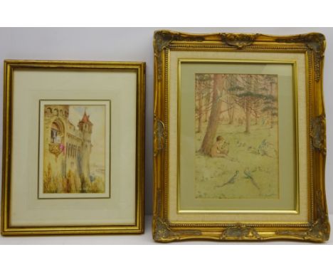 Lady Leaning out of Her Balcony in a Castle, watercolour signed and dated 1865 by W. J Bottomley signed with initials20.5cm x