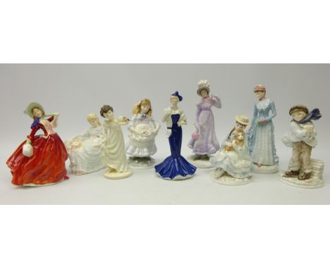 Royal Doulton 'Autumn Breezes' figurine, Royal Worcester figures '1818 The Regency' & '1878 The Bustle', five Coalport figuri