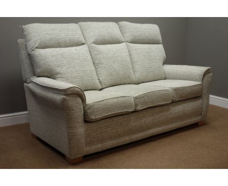 Three seat sofa (W177cm), and matching armchair (W86cm), upholstered in pale blue fabric - 12 months old   Condition Report  