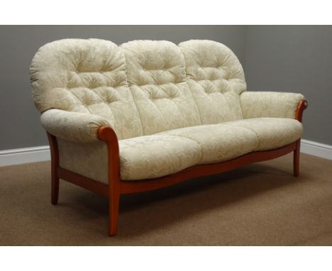 Teak framed three piece lounge suite - three seat sofa (W194cm), and pair matching armchairs (W87cm), upholstered in cream da