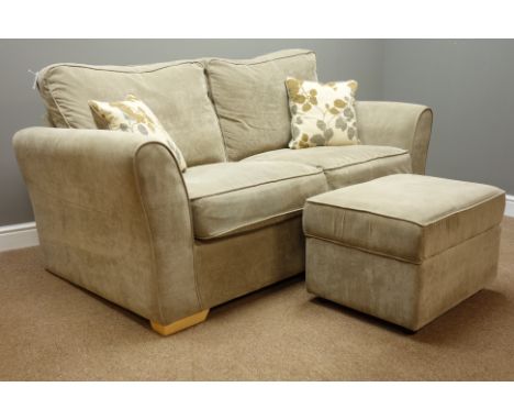 Two seat sofa (W173cm), and matching storage footstool upholstered in grey fabric