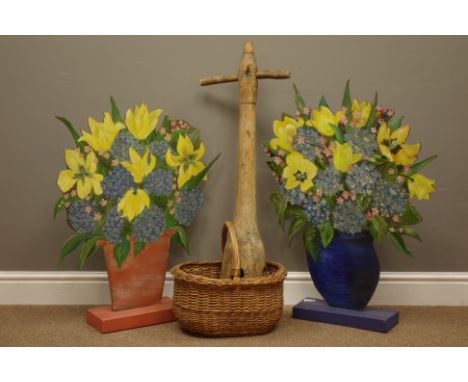 Victorian pine washing dolly, H92cm, pair of hand painted dummy boards depicting pots of flowers, H78cm and wicker hamper (4)