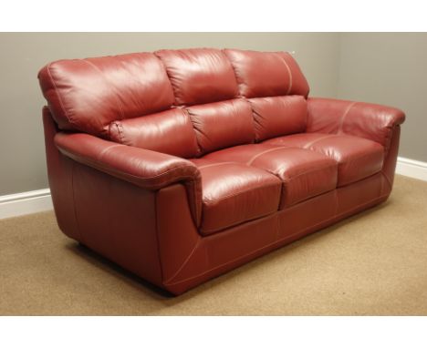 Three seat sofa (W196cm), and matching two seat sofa (W153cm), upholstered in red leather   Condition Report   Click here for