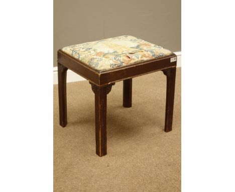 20th century mahogany stool, reeded square legs, upholstered in 17th century needlework cover, W46cm   Condition Report   Cli