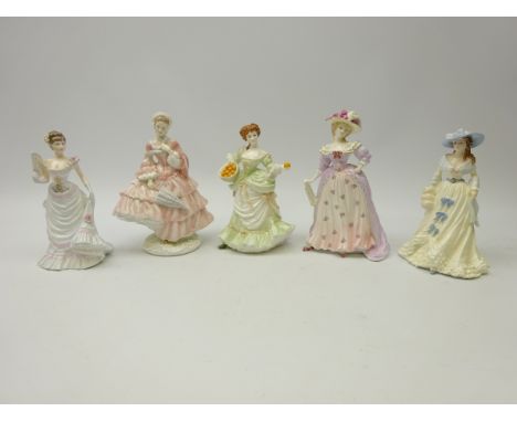 Four Coalport 'Femme Fatales' limited edition figurines and a Royal Worcester figure '1855 - The Crinoline' (5)