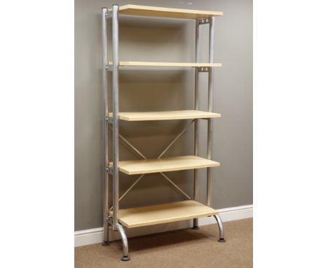 Light wood finish five tier office shelving unit, W90cm, H185cm, D43cm   Condition Report   Click here for further images, co