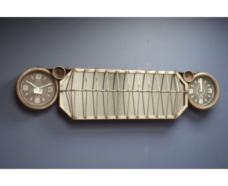 Wall hanging brushed metal finish car engine radiator type mirror with two clocks, W107cm   Condition Report   Click here for