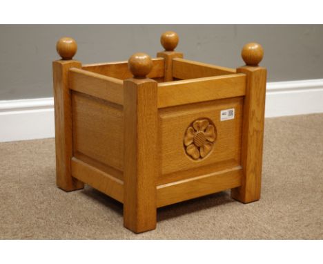 Craftsman made light oak panelled planter stand with carved Yorkshire Rose motif, 33cm x 33cm, H34cm   Condition Report   Cli