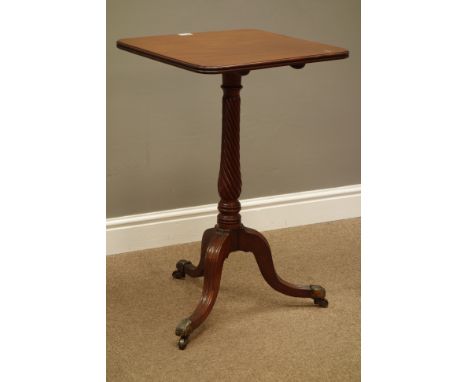 Regency mahogany tripod table, square tilt top on twist column support, three moulded legs with brass sockets and castors, 45