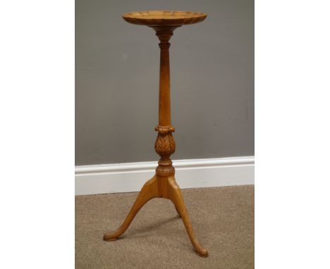 Craftsman made light oak wine table, scalloped pie crust top, turned column with acanthus leaf baluster, tripod base, D27cm H