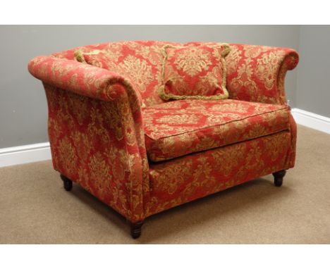 Traditional shaped snuggler sofa upholstered in red and gold Damask chenille fabric, W130cm   Condition Report   Click here f