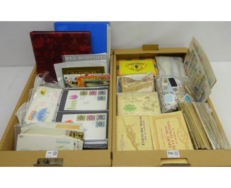 Collection of stamps and cigarette cards, including first day covers, letter cards and loose stamps etc, in two boxes
