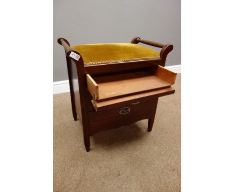 Edwardian mahogany music cabinet piano stool, three drawers with fall fronts, upholstered seat, W54cm, H56cm, D34cm