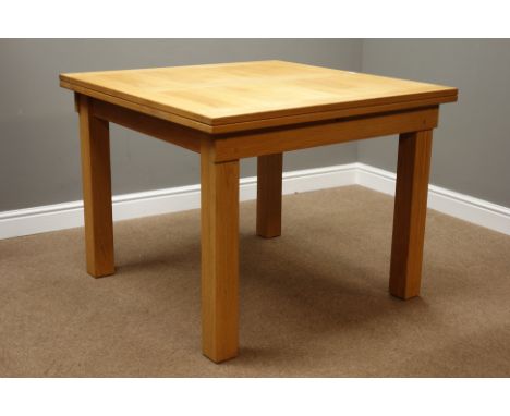 Solid light oak extending fold-over dining table with glass top, H77cm, 100cm x 100cm - 200cm (extended)   Condition Report  