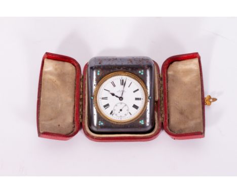 A SWISS MADE STEEL CASED DESK TIMEPIECE the enamelled dial with subsidiary second hand and set with turquoise cabouchons, wit