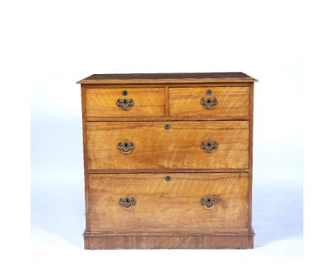 A 19TH CENTURY SATIN BIRCH SMALL SIZE CHEST OF TWO SHORT AND TWO LONG DRAWERS with later brass handles, on a plinth base, 92c