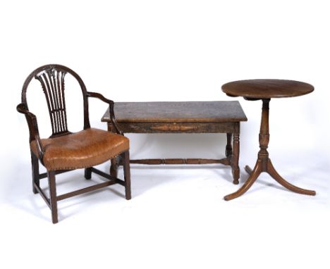 AN OAK RECTANGULAR COFFEE TABLE with turned legs united by an H stretcher, 103cm x 53cm x 50.5cm together with a mahogany cir
