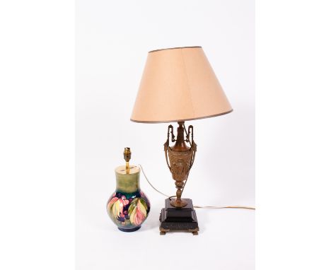 A MOORCROFT BALUSTER VASE transformed for use as a table lamp, 35cm high together with a Victorian spelter bronzed vase on a 