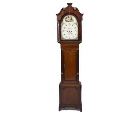 A 19TH CENTURY OAK AND MAHOGANY EIGHT DAY LONGCASE CLOCK the case with crossbanded shaped door, fluted quartered pilaster col