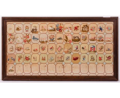A 19TH CENTURY NEEDLEWORK SAMPLER TYPE PANEL depicting animals and flowers within a diamond cornered framing, 57.5cm wide x 2