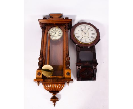 A VIENNA TYPE WALNUT CASED WALL CLOCK with two part dial, 46cm wide x approximately 120cm high together with a 19th century A