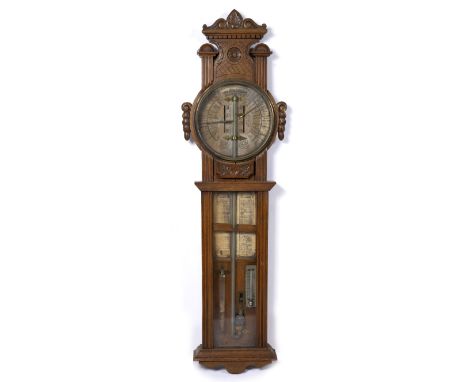'THE ATOMOSCOPE' MERCURY BAROMETER with a built in thermometer and a walnut case, 29cm wide x 124cm high together with a 19th