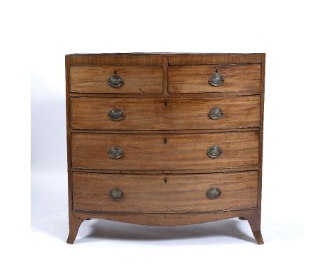 AN EARLY TO MID 19TH CENTURY MAHOGANY BOW FRONTED CHEST OF TWO SHORT AND THREE LONG DRAWERS on outswept bracket feet 109cm wi