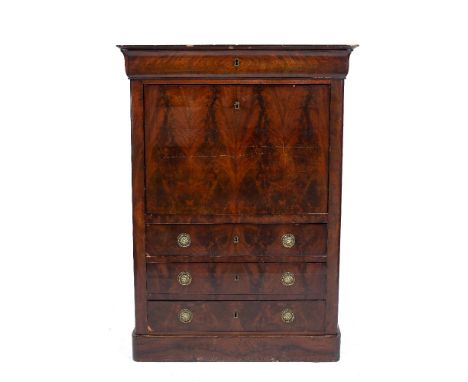 A 19TH CENTURY FRENCH MAHOGANY SECRETAIRE ABATTANT   the frieze drawer over a flame veneered fall front, fitted interior with