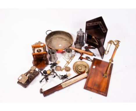 MISCELLANEOUS ITEMS  to include a Continental wall clock, two sets of scales, silver plated tankard, a large copper cooking v