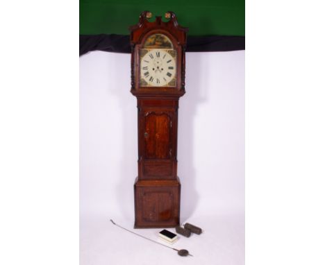 A 19TH CENTURY OAK EIGHT DAY LONGCASE CLOCK with mahogany crossbanding, the swan neck pediment to the hood over a trunk with 