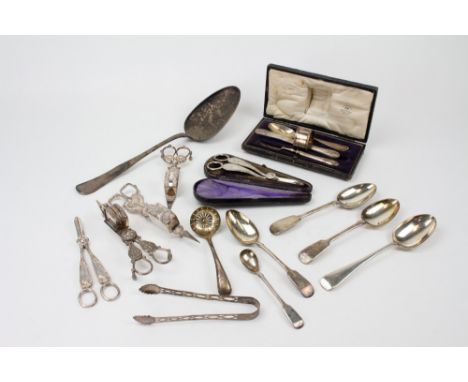 A COLLECTION OF 19TH CENTURY PLATED CUTLERY AND GRAPE SCISSORS to include a large ladle; a christening set; candle snuffers e
