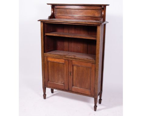 AN EDWARDIAN MAHOGANY BOOKCASE CABINET with raised panel back, two adjustable shelves over twin doors and on square tapering 