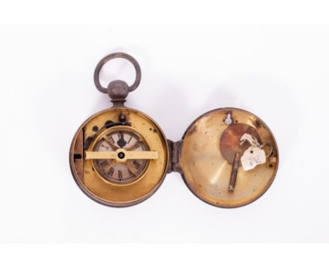 AN ANTIQUE BRASS CASED NIGHT WATCHMAN'S CLOCK with a case key and winding key and loop suspension, 9cm diameter Condition:  t
