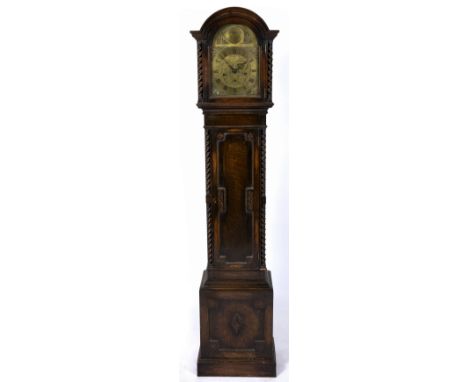 A 1930'S OAK GRANDMOTHER CLOCK the brass dial inscribed 'Tempus Fugit' with roman numerals, overall 37.5cm wide x 173cm high 