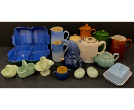 Denby kitchen including; dual oven dishes, a set of two tone blue jugs, butter dish, tea pot, salts; etc