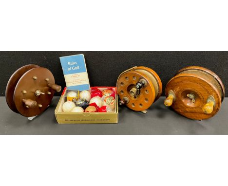 Sporting - vintage wooden Fishing reels, one stamped Overseal Made in England, 13cm diameter, others 15.5cm and 15cm diameter