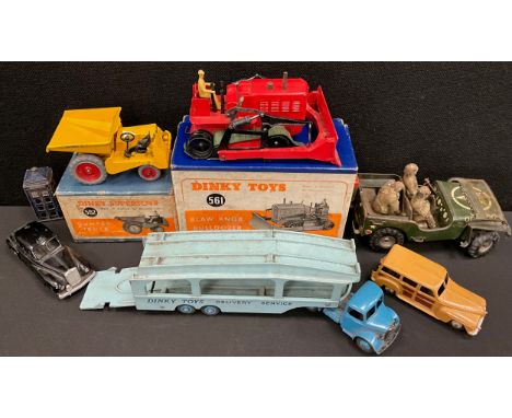 Dinky Toys - 561 Blaw Bulldozer, red;  562 Dumper Truck;  Pullman car transporter;  344 Plymouth Estate car, tan and brown;  