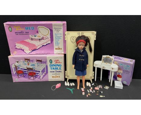 Dolls - 1960s Sindy doll, long brown hair, blue eyes, Sindy wardrobe with assorted clothes and accessories, Marx Little Hoste