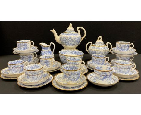 Late 19th century blue and white ivy pattern tea set for twelve comprised of; a tea pot, lidded sugar pot, milk jug, twelve t