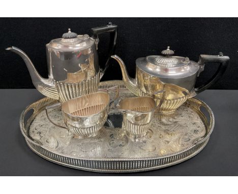 A silver plated four piece tea set on tray, gadrooned body (5)