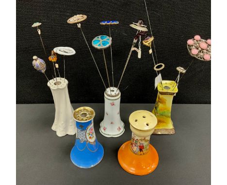 Hatpins &amp; Stands - An amethyst glass golf club hair pin;  Guild button pewter and blue Ruskin type panel long shaft hair 